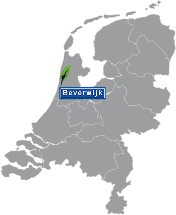 Grijze kaart van Nederland met Beverwijk aangegeven voor maatwerk taalcursus Spaans zakelijk - blauw plaatsnaambord met witte letters en Dagnall veer - transparante achtergrond - 600 * 733 pixels